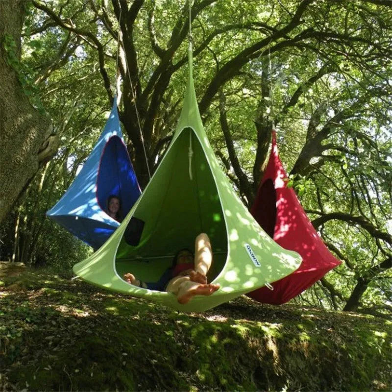 Flying saucer hammock in green oxford cloth with metal frame, portable camping swing chair