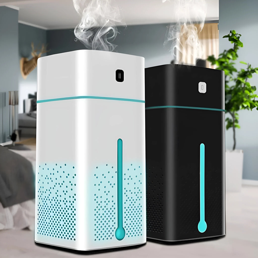 A compact black or white desktop humidifier with USB port, showing dimensions of 103mm by 103mm by 218mm.