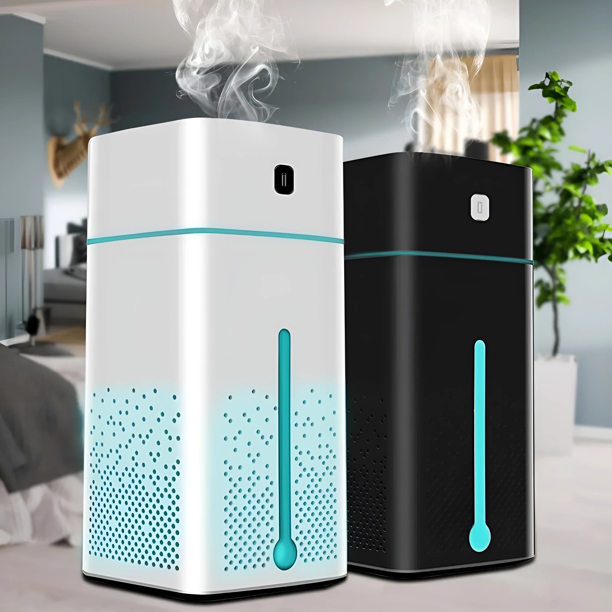 A compact black or white desktop humidifier with USB port, showing dimensions of 103mm by 103mm by 218mm.