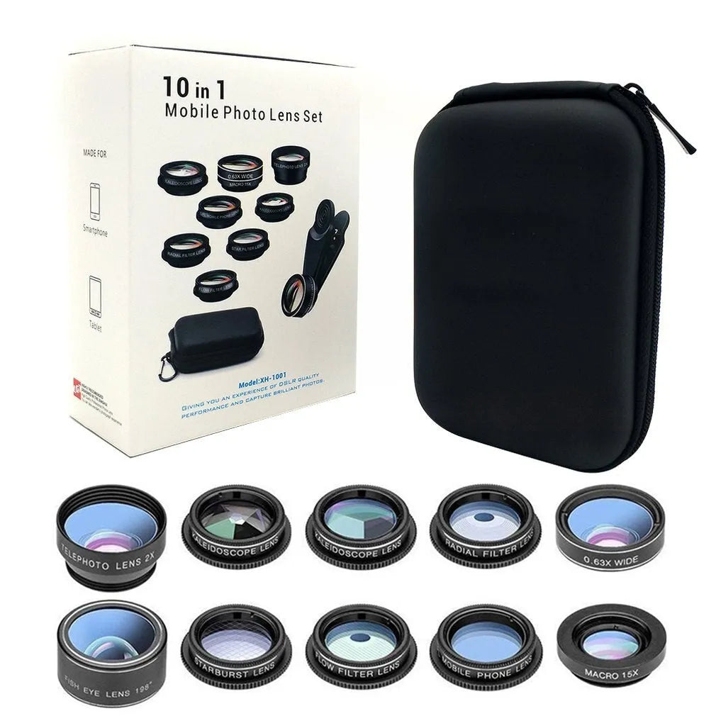 Black ten-in-one smartphone camera lens kit with fisheye, macro, and wide angle external lenses.