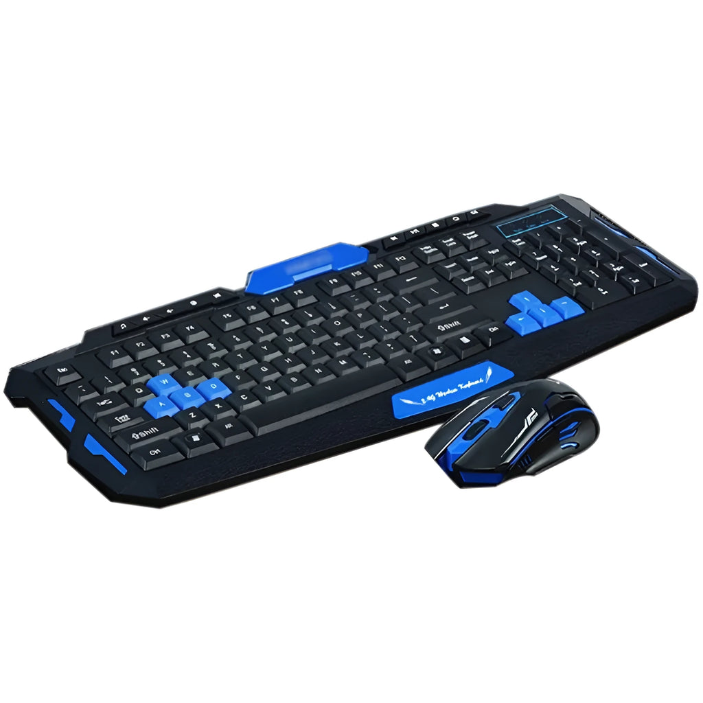 Black and blue wireless keyboard and mouse set with gaming features and waterproof construction