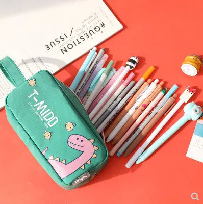 Cartoon dinosaur stationery bag in cotton cloth, inverted trapezoid shape, 18.5x9 cm, blue colour