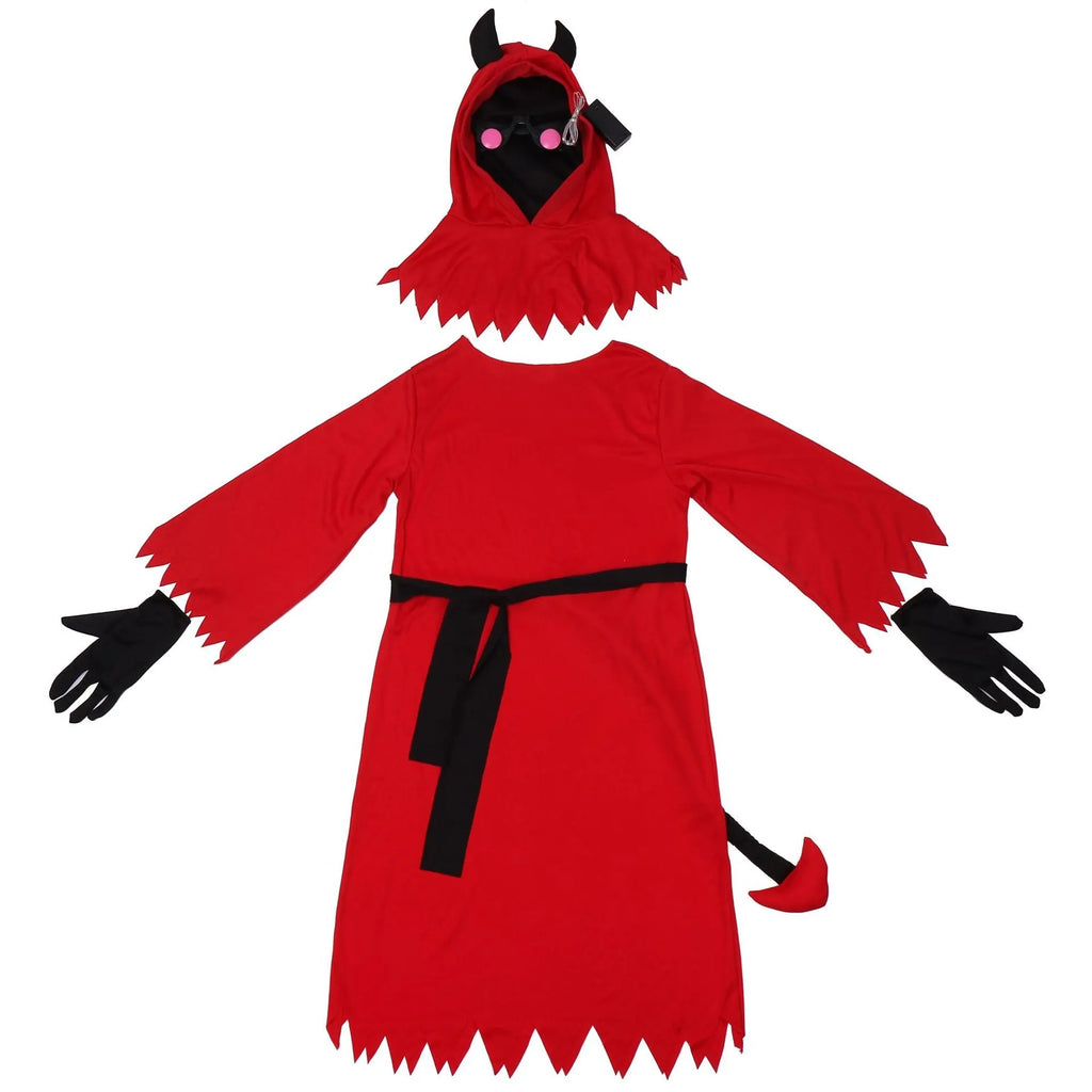 Red polyester demon Halloween costume with serrated dress, plush tail, wrist gloves, and horned hood