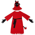 Red polyester demon Halloween costume with serrated dress, plush tail, wrist gloves, and horned hood