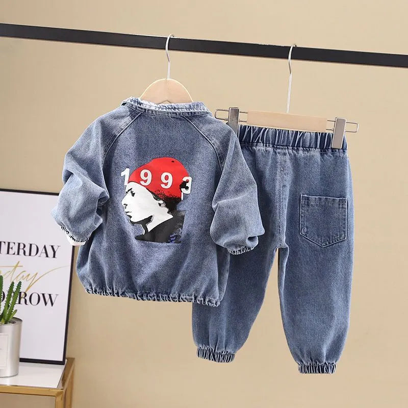 Boys' black and blue denim two-piece suit set with long sleeves in Korean style