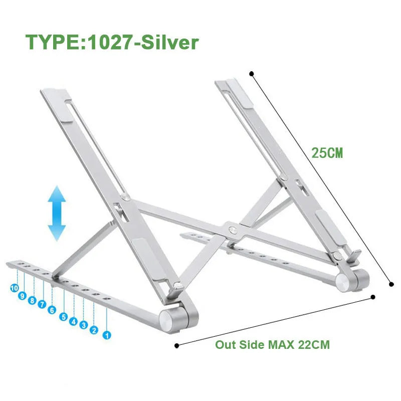 Foldable aluminium laptop stand in silver with silicone pads and cable management slot for 7-15 inch laptops