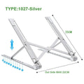 Foldable aluminium laptop stand in silver with silicone pads and cable management slot for 7-15 inch laptops