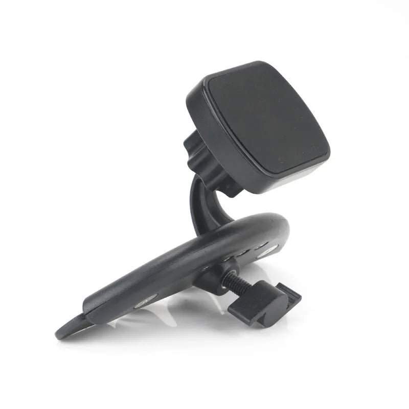Black universal car phone holder installed in a CD port with adjustable arms for mobile phone or GPS navigation