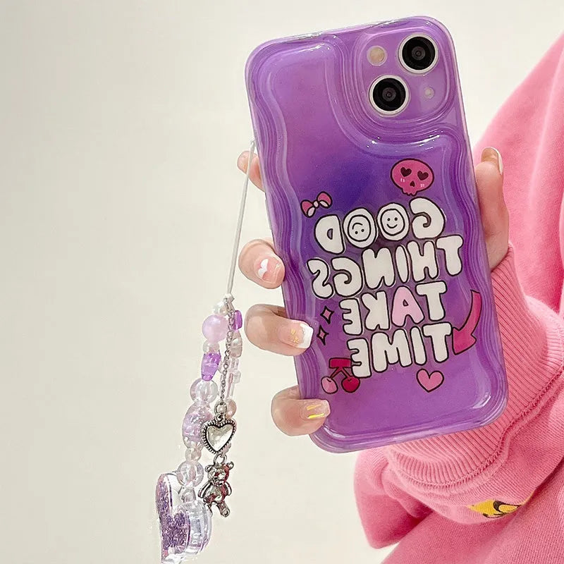 Purple graffiti English love pendant design iPhone case with attached bracelet.