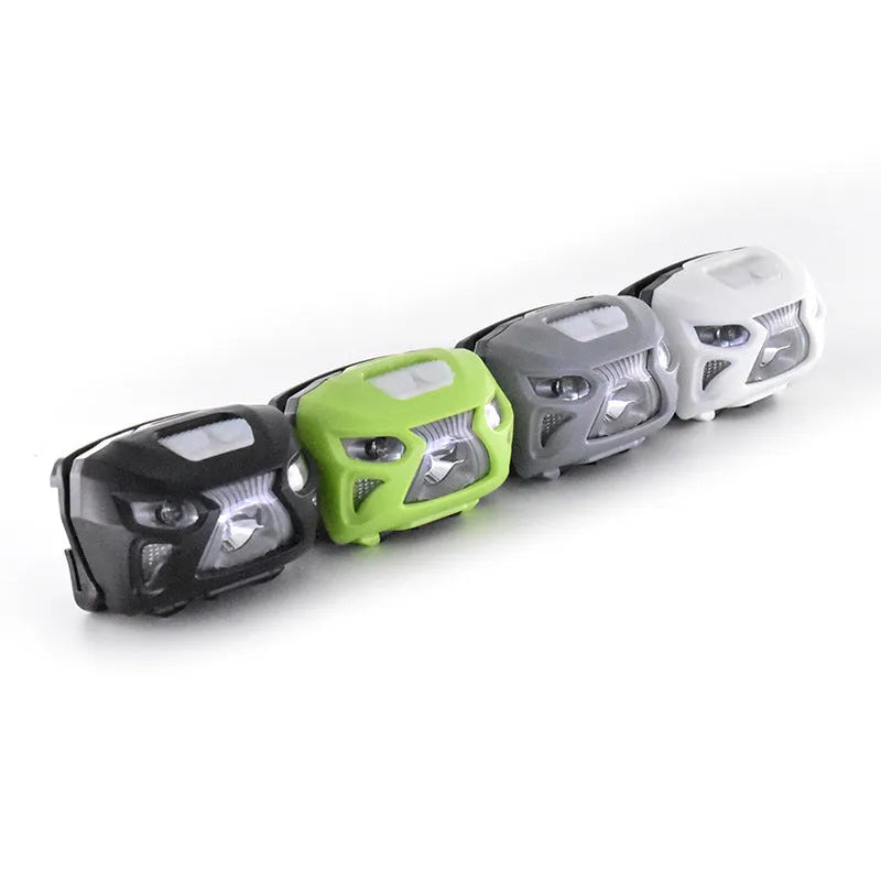 Rechargeable LED head-mounted sensor headlight in black on an adjustable webbing headband.