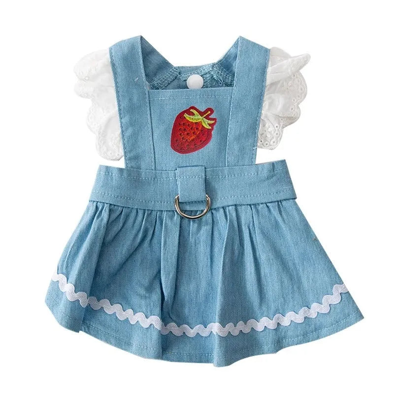 Bondi Blue strawberry traction denim skirt dog clothes for small dogs in sizes XS to XL.