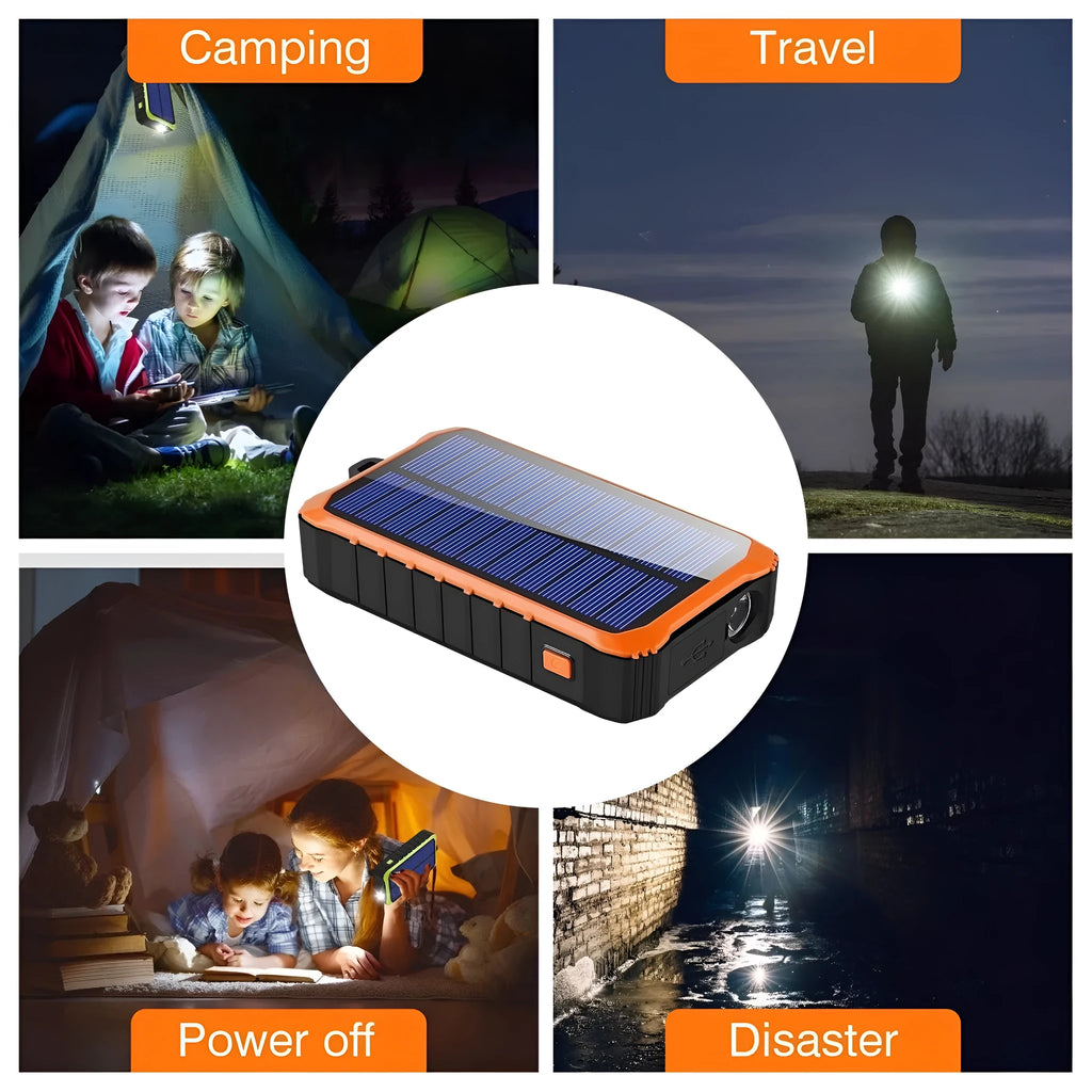 Green and orange hand solar power bank with solar panel, hand crank, and dual USB ports.