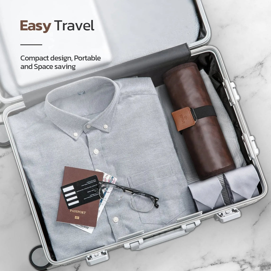 Men's black PU travel wash bag with portable reel design and storage compartments