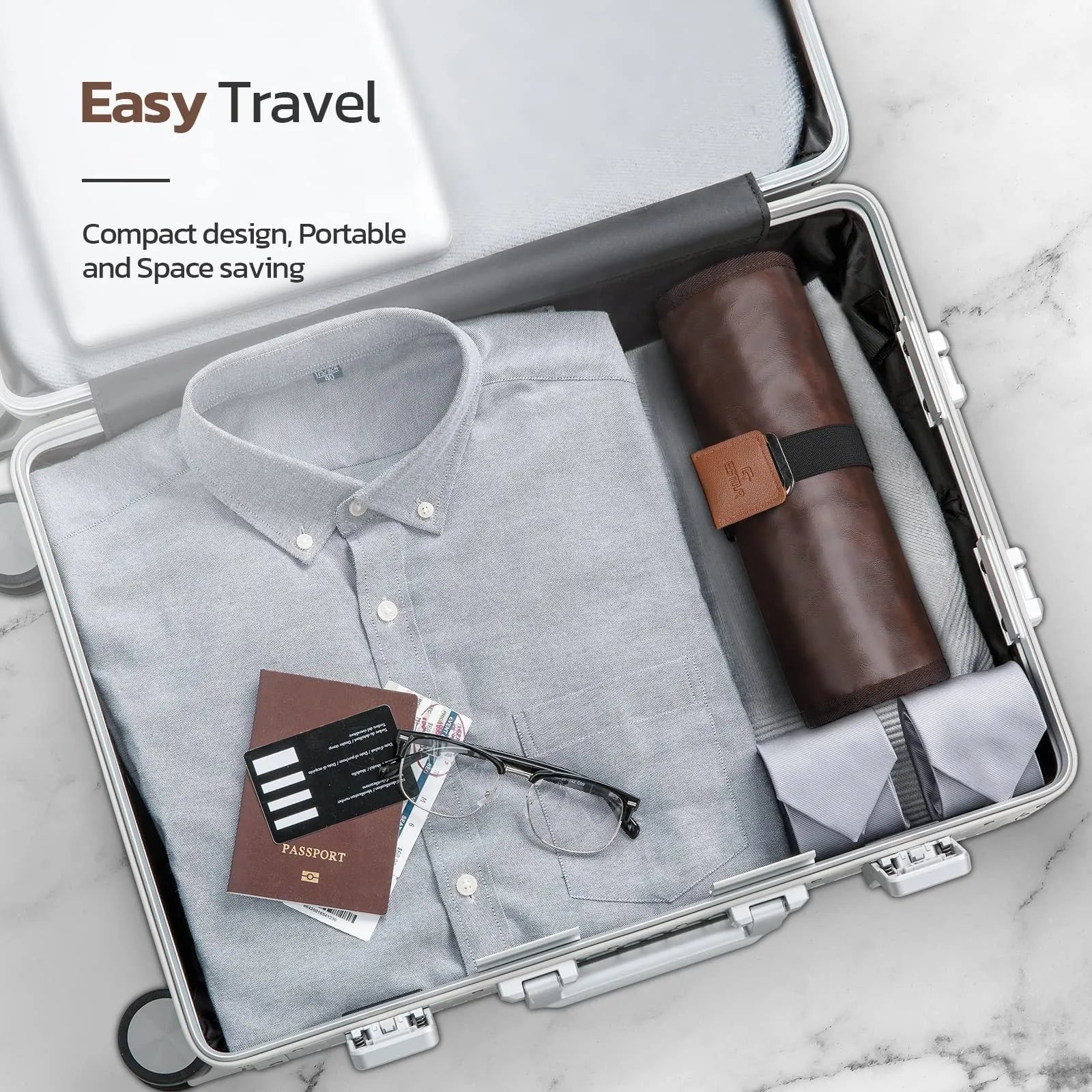 Men's black PU travel wash bag with portable reel design and storage compartments