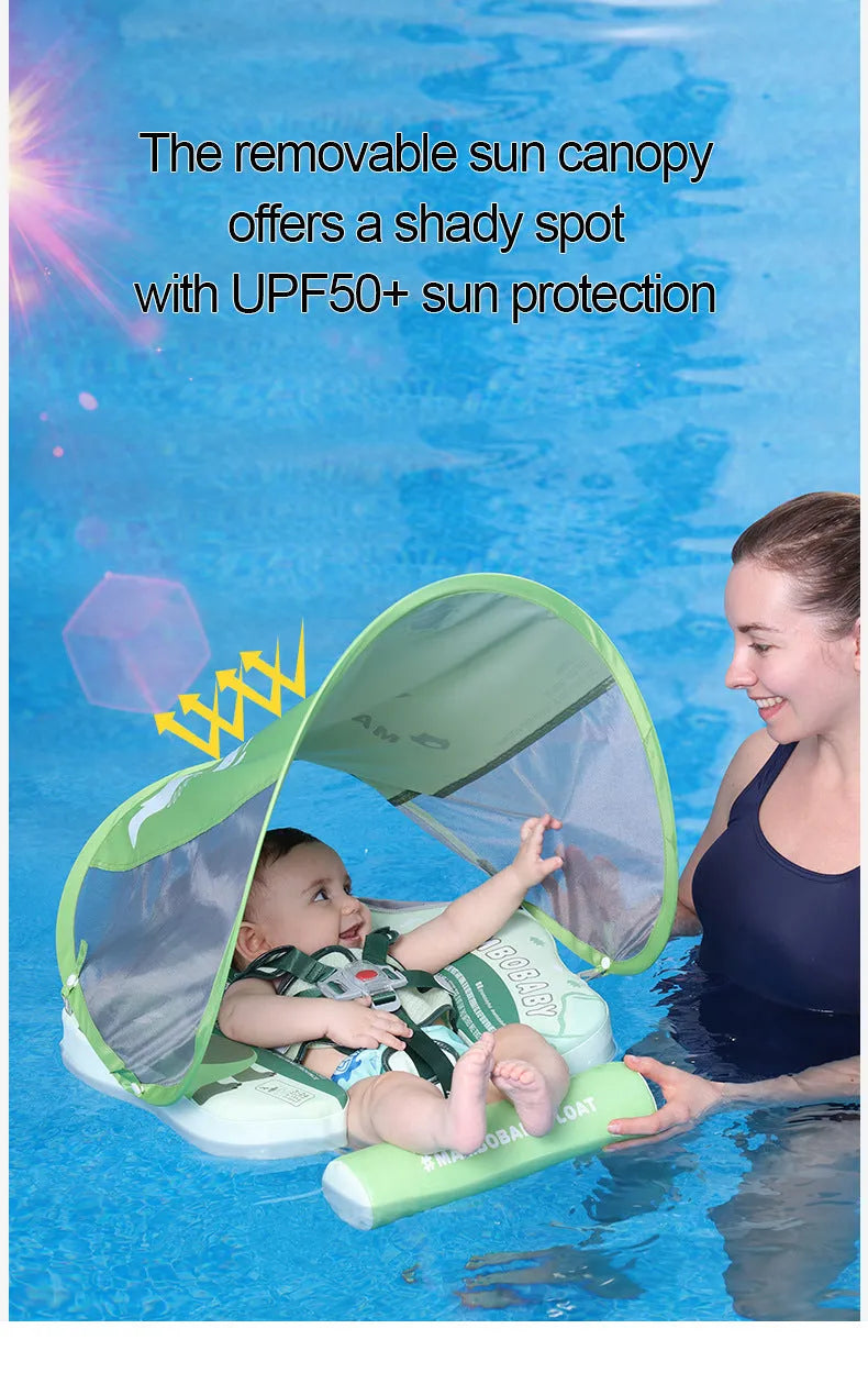 Dinosaur-themed inflatable baby swimming ring with sun shade in green colour