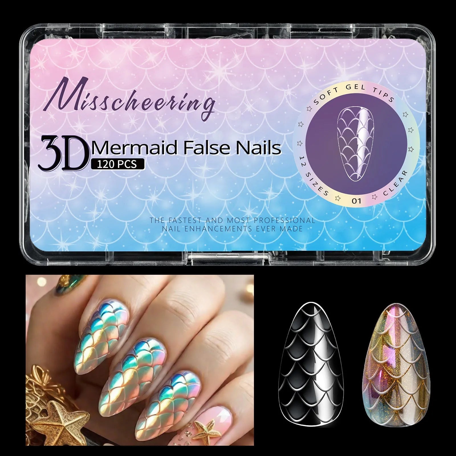 3D scale long shaping artificial nail tips with deep C-curve in Frigate Box colour options