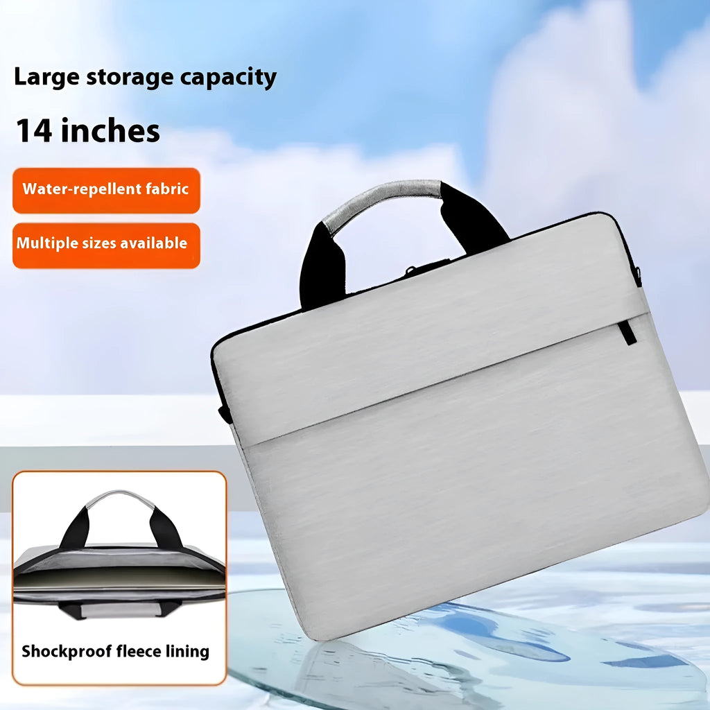 Grey Oxford cloth laptop bag with visible sewing thread detailing and expandable compartment