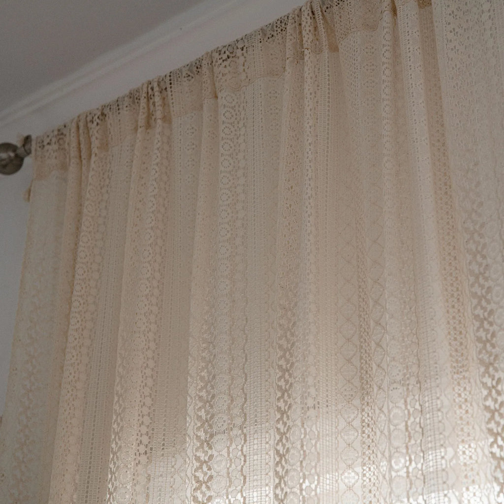 Translucent American country hollow crochet curtain made from 60% cotton in a rice broom colour