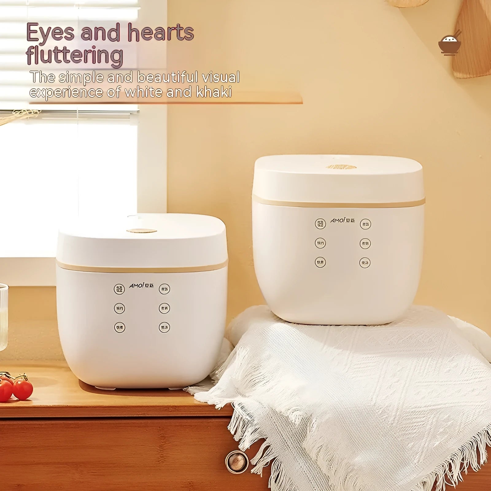 White or beige 3-litre rice cooker with black inner pot and included accessories