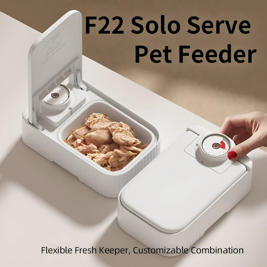 White automatic pet feeder with timer display and removable ice crystal cooling box underneath.