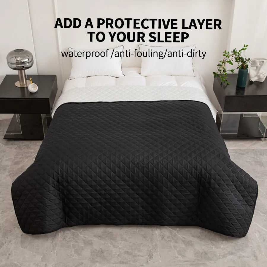 Chemical fibre bedspread with geometric pattern in black, showing sanding finish texture