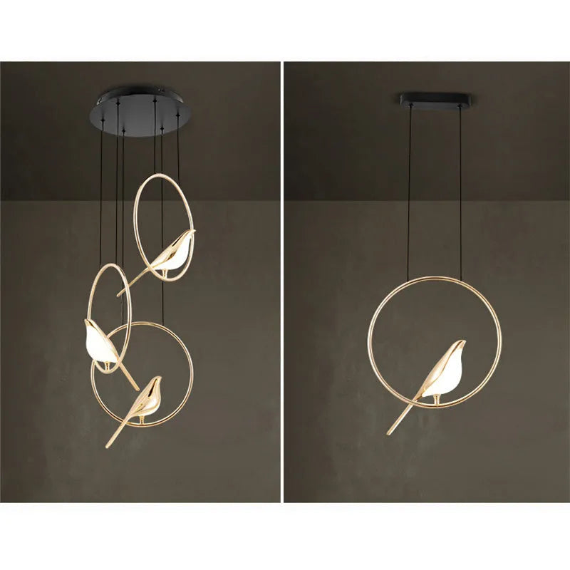 Modern minimalist magpie bird chandelier, 35 x 150 cm, zinc alloy and acrylic