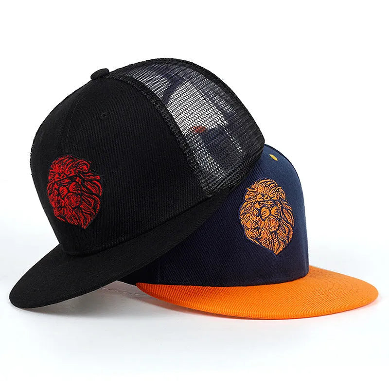 Cotton baseball cap with lion face embroidery in black color adjustable size