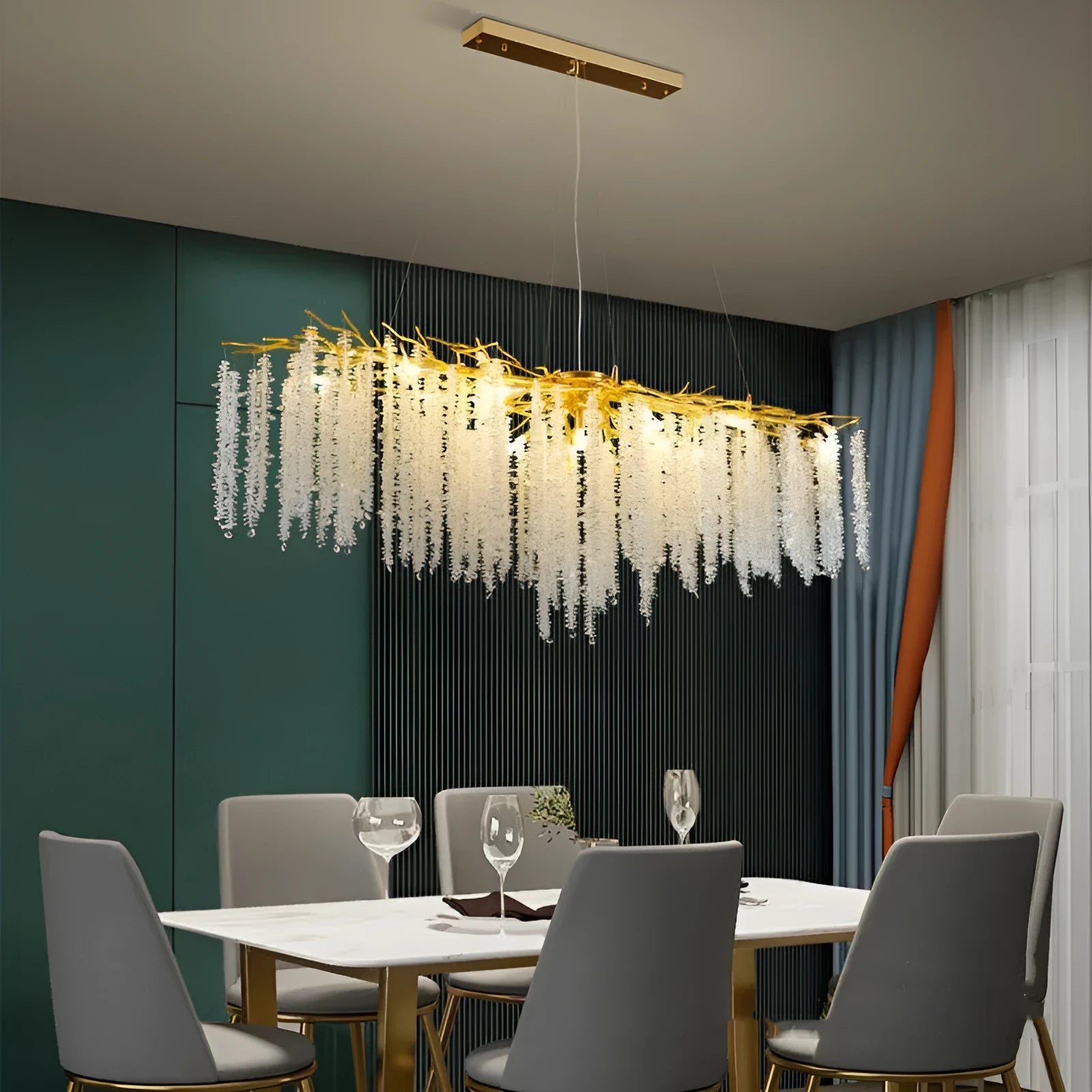 Modern crystal chandelier with adjustable chain and LED lights in a light luxury style.