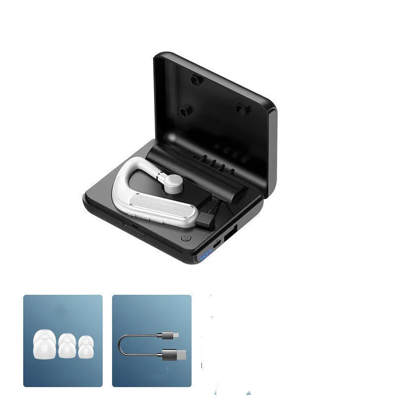 Black Bluetooth earphones with a hanging-ear design and multiple silicone ear caps, shown alongside a charging case.