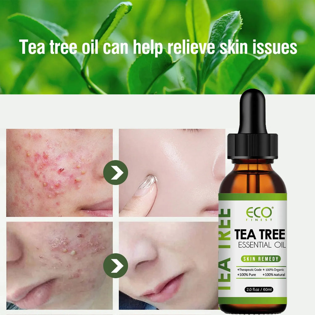 60ml tea tree essential oil bottle with dropper for facial skincare and massage