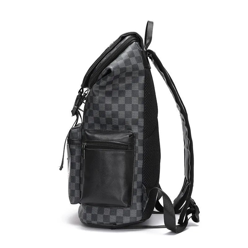 Korean casual checkered pattern large capacity backpack in black PU leather.