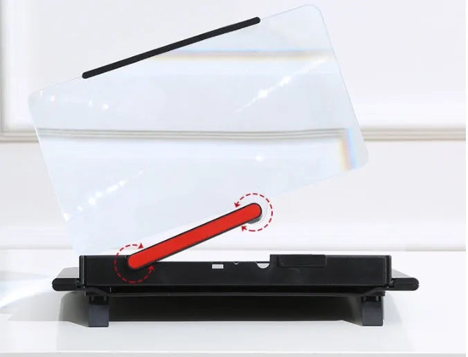 Black 12-inch pull-out screen amplifier showing horizontal and vertical phone bracket positions with Fresnel lens