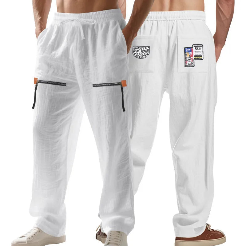 Men's linen blend straight leg casual trousers in solid colour with drawstring waist
