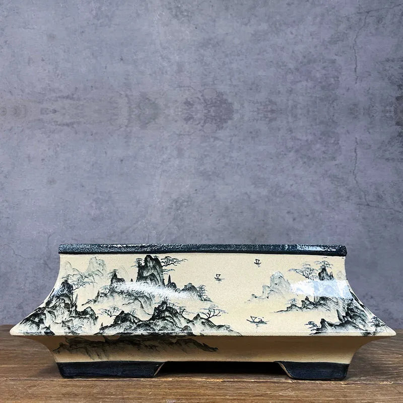 Handmade glazed ceramic flower pot with blue and white hand drawn Chinese style pattern, 34cm size