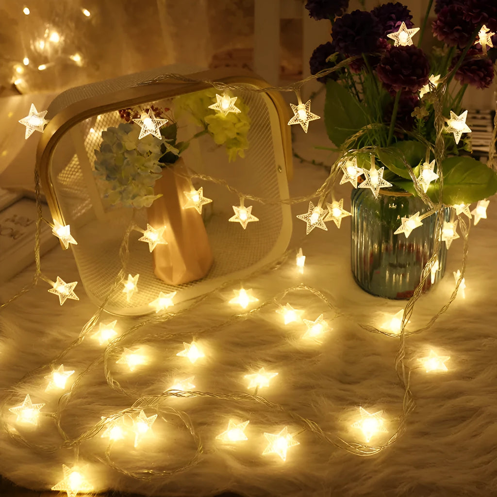 3 metre LED star light string with 20 warm white lights in glass shells for outdoor decoration