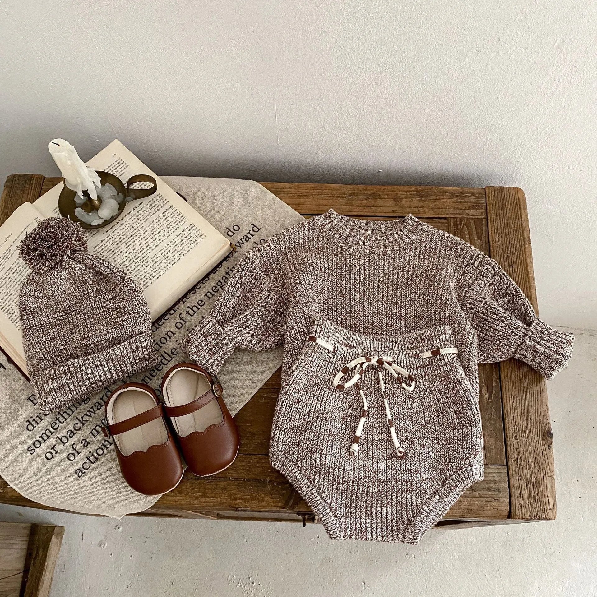 Infant baby girl cotton pullover 3-piece set in dark brown with fur ball hat and removable hood