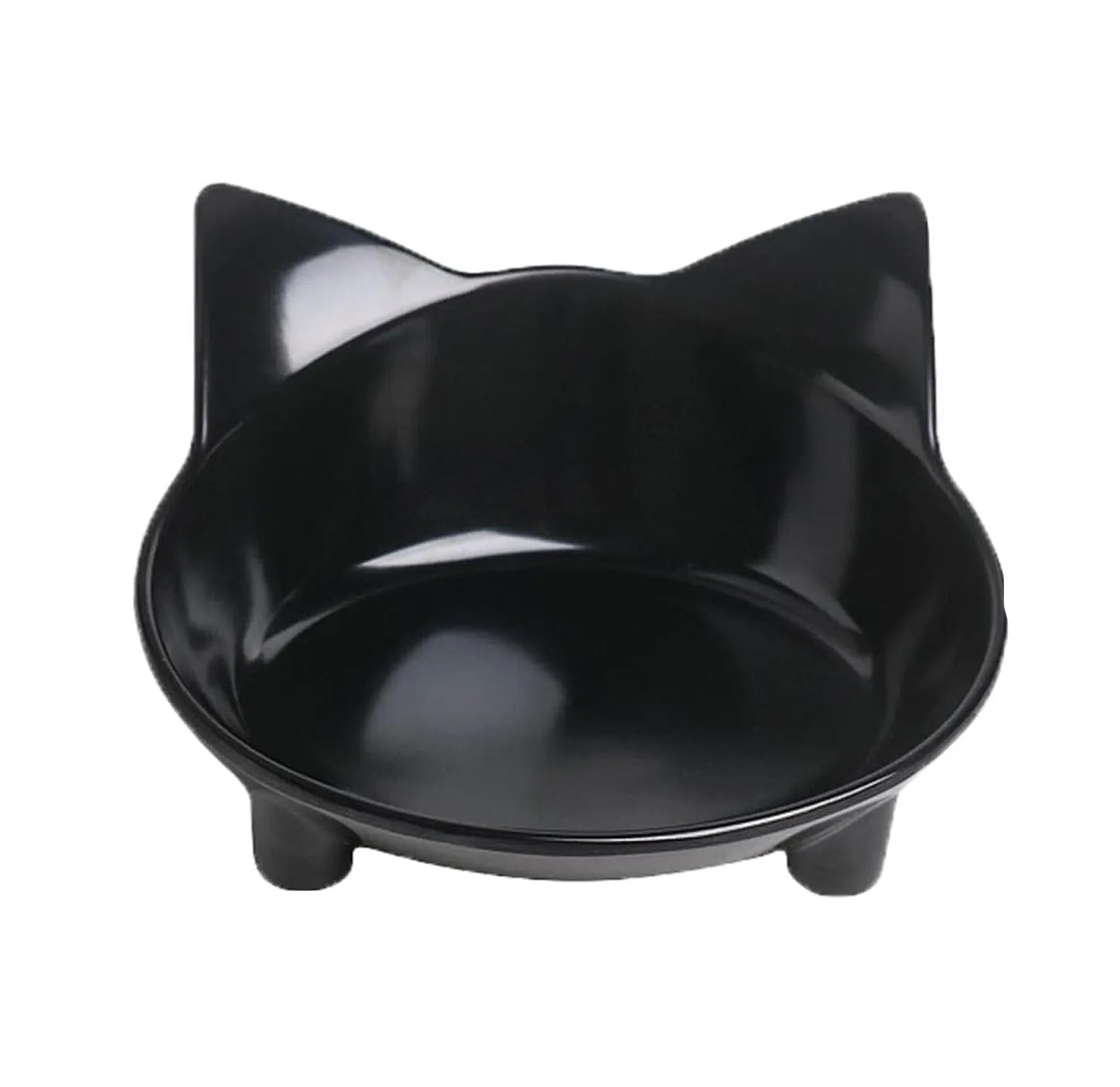 Shallow black and white melamine pet bowls with non-slip rubber bases on a kitchen floor.