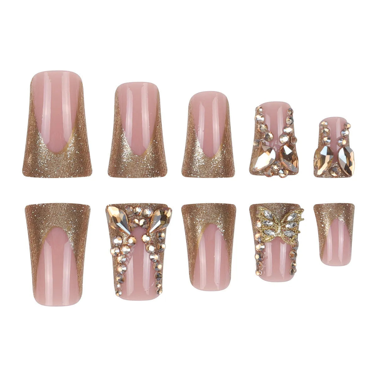 Golden diamond debris butterfly nail stickers set with adhesive glue for DIY manicures