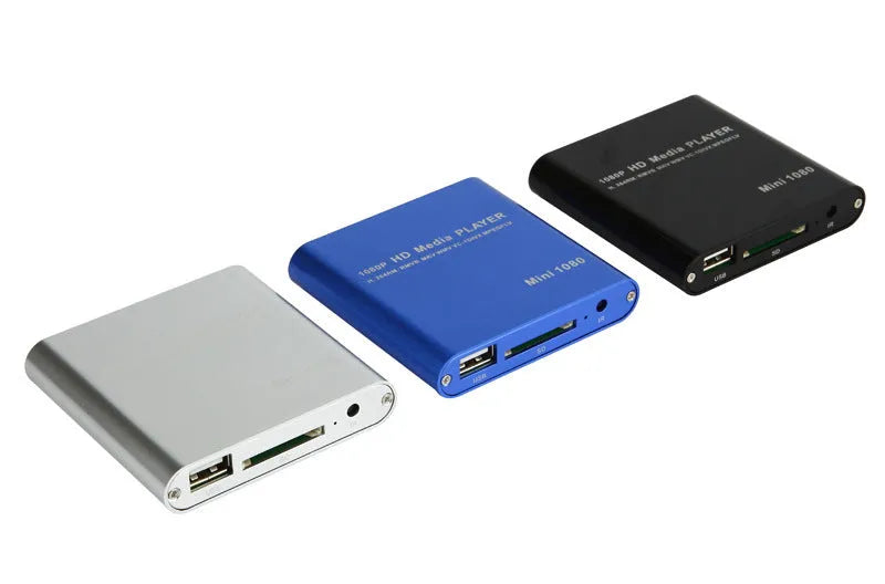 Compact black 1080P HDMI media player with USB and SD card slots