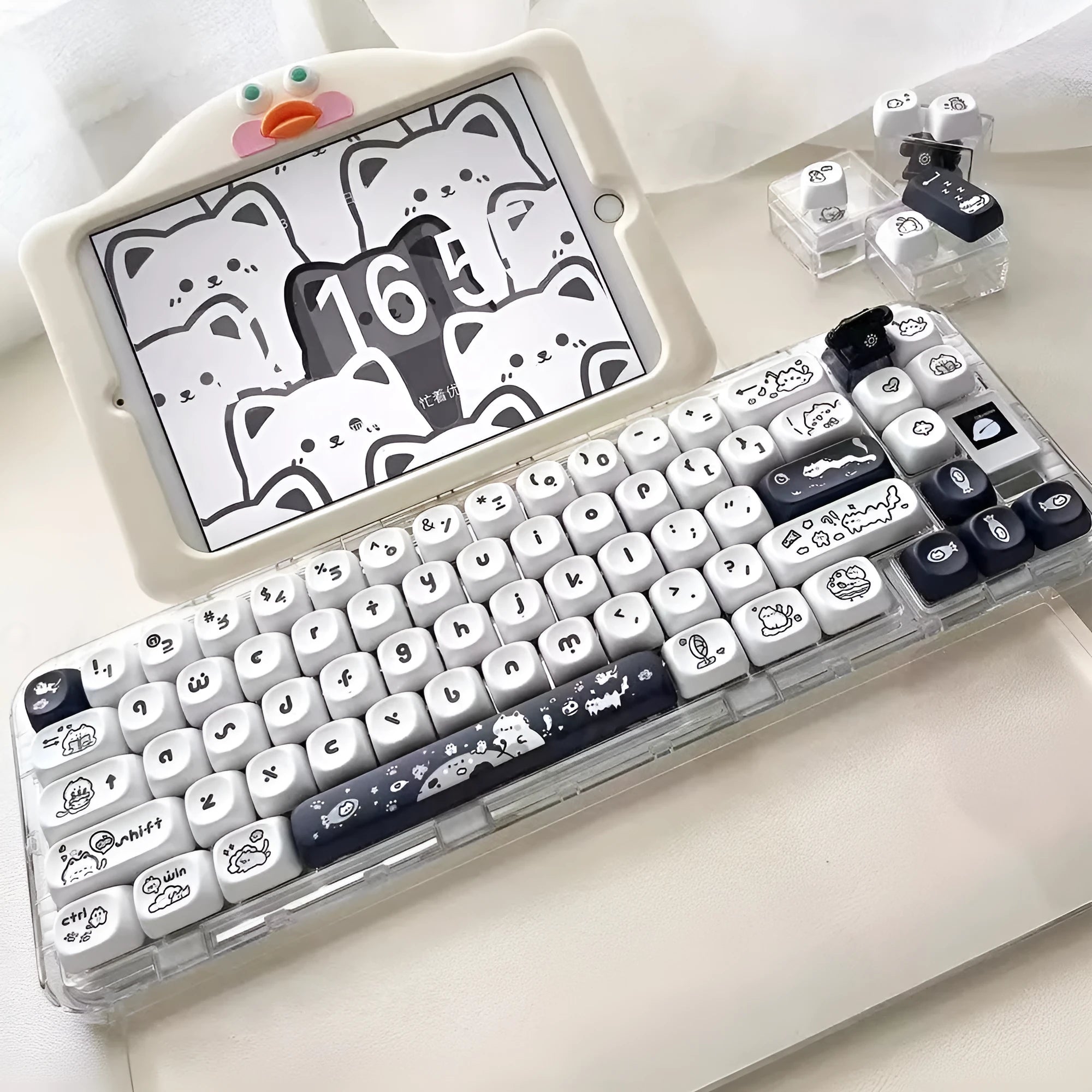 Kitten's Fantasy keycap set with black and white cat design in MOA profile on a mechanical keyboard