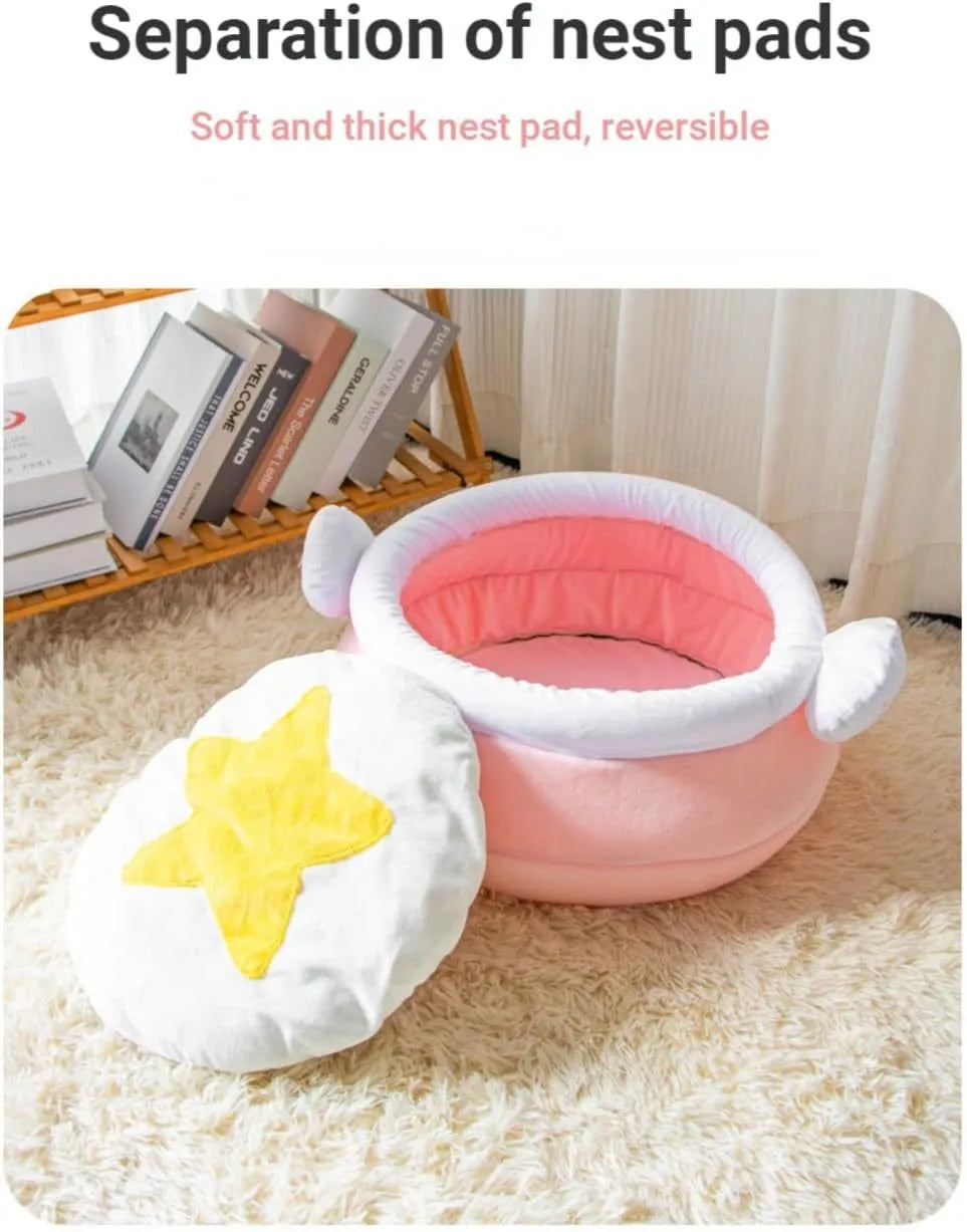 Pink or yellow honey pot-shaped enclosed cat bed with a magic wand decoration and a removable cushion.