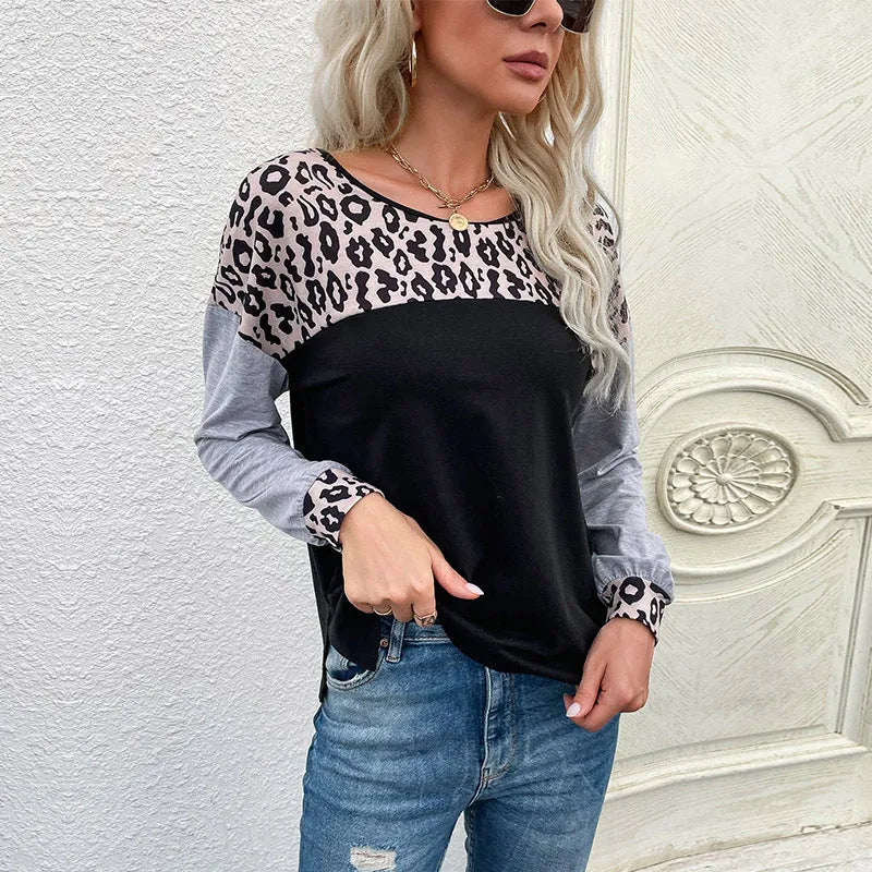 Women's loose fit round neck leopard print pullover sweater in black