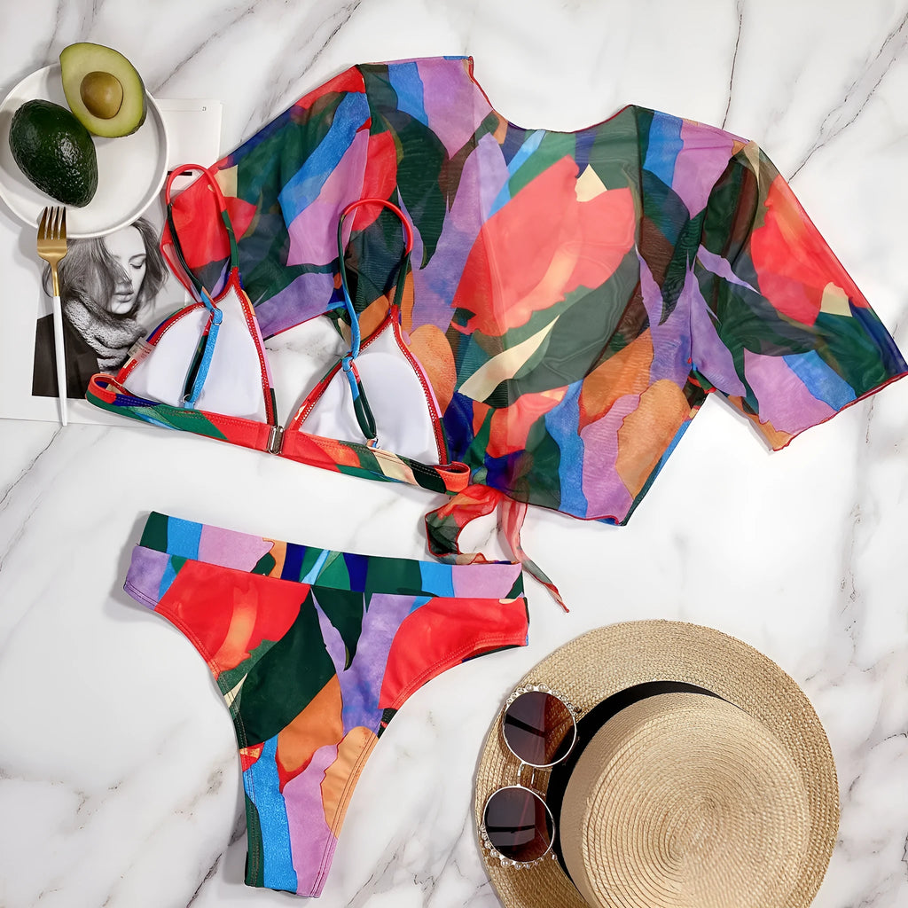Red women's printed split swimsuit made of nylon for swimming and wading sports.