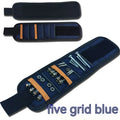 Black magnetic wristband tool organiser with 15 grid pockets, shown on a wrist holding screws
