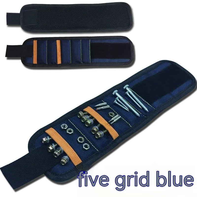 Black magnetic wristband tool organiser with 15 grid pockets, shown on a wrist holding screws