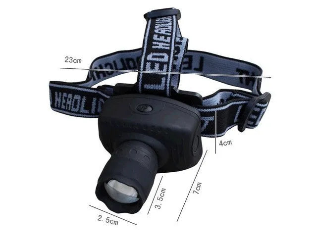 Outdoor 3W LED strong head light in black with adjustable telescopic lens and braided headband