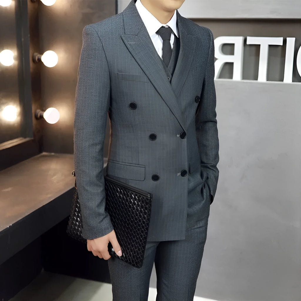 Three-piece men formal suit set jacket vest trousers slim fit black blue gray wedding business wear