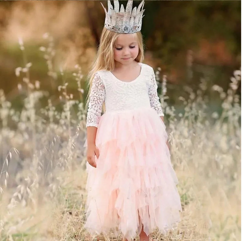 Children's white hollow lace long-sleeved princess dress cotton blend for autumn and winter