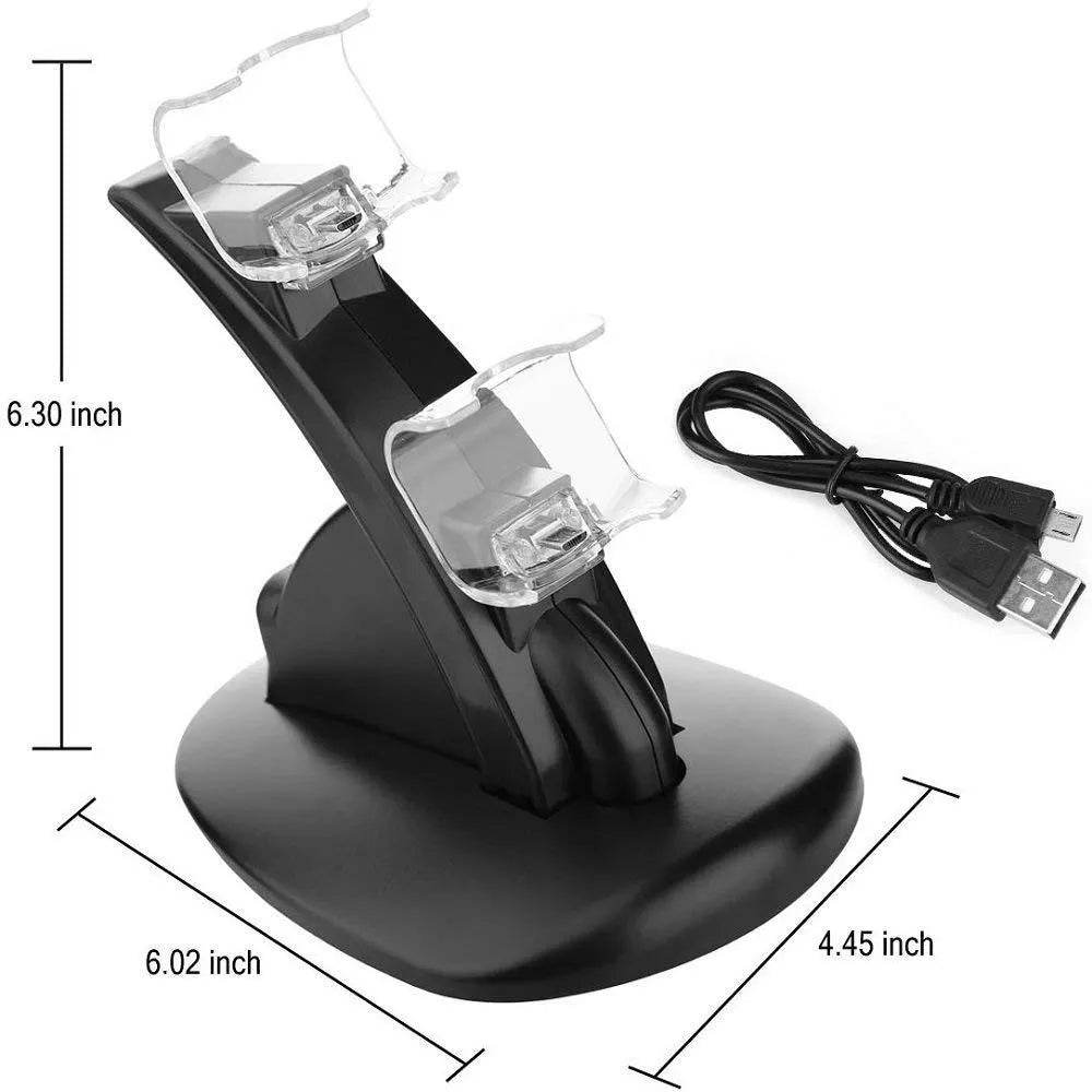 Black dual charging stand holding two Xbox One controllers upright for simultaneous USB charging.
