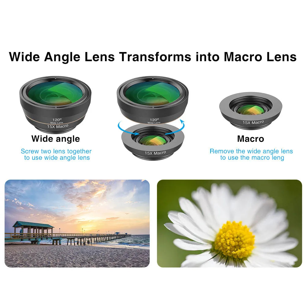 Black 6-in-1 smartphone camera lens kit with fisheye, wide-angle, macro, telephoto, CPL, and star filters next to universal clip.
